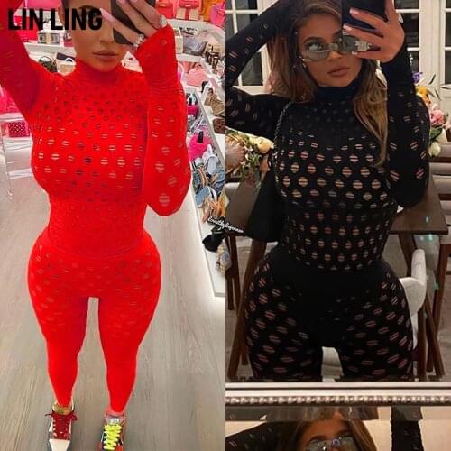 LINLING Summer Women Casual Fashion Sexy Skinny Hollow Out Perspective Slim Playsuit Rompers Plus Size Jumpsuit