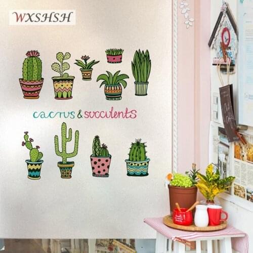 Custom Size Static Cling Window Film Cactus Succulents Pattern Sun-Blocking Privacy Protection Decorative Tint-Film 40cmx100cm