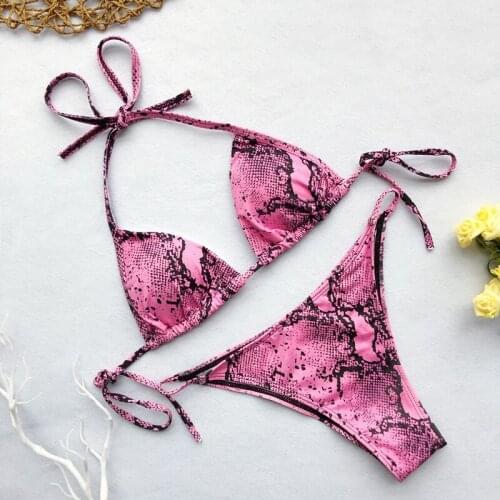Women sexy triangle snakeskin print swimwear biquinis Summer Padded bra thong bandage maillot de bain beach swimsuit bikinis New