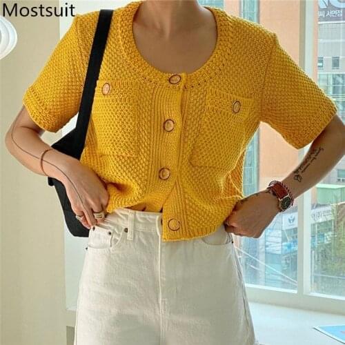 2021 Summer Vintage Knitted Women Cardigan Sweater Women Short Sleeve O-neck Single Breasted Pockets Korean Tops Jumpers Femme