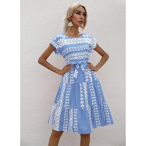 Summer Women Dress Printed Round Neck Short Sleeve Dress Knee Length Lady Party Wear Casual Holiday Vestidos Fashion Streetwear