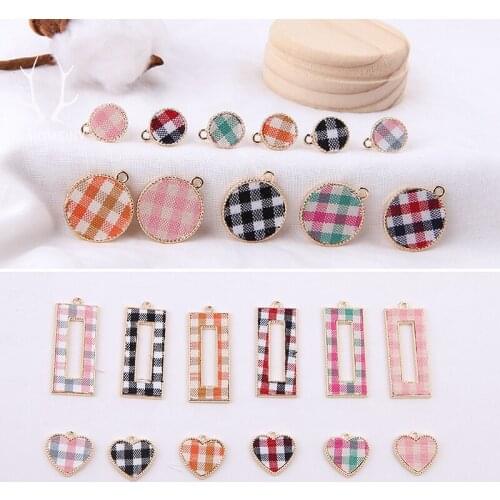 10pcs 2020 New Design Fashion Fabric Plaid heart-shaped Rectangular Round Earrings Geometric Pendant Diy Jewelry Accessories
