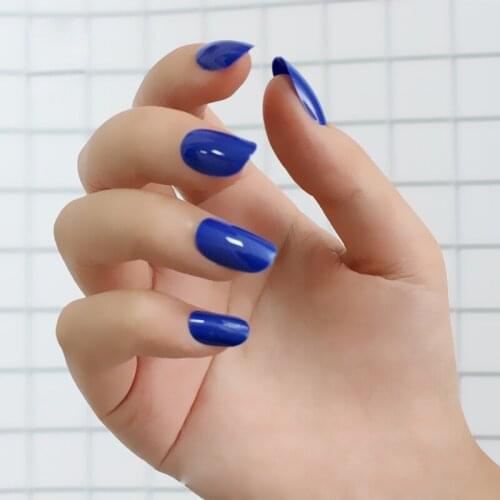 24pcs Adorable fashion candy oval decorative fake nails long round section Charming blue L126