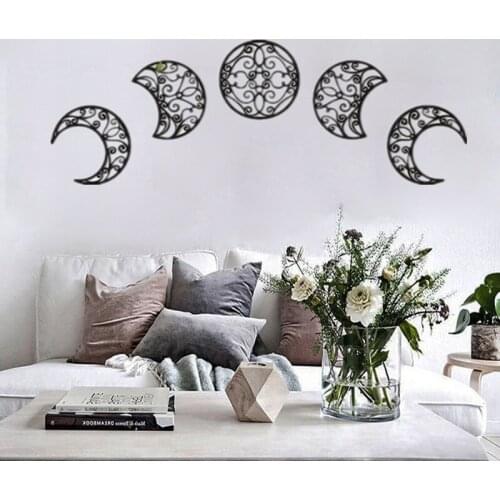 5Pc Nordic Wooden Moon Wall Sticker for Room Bedside Wall Decoration Design Hollow 3D Moon Phase Meditation Yoga Room Decor