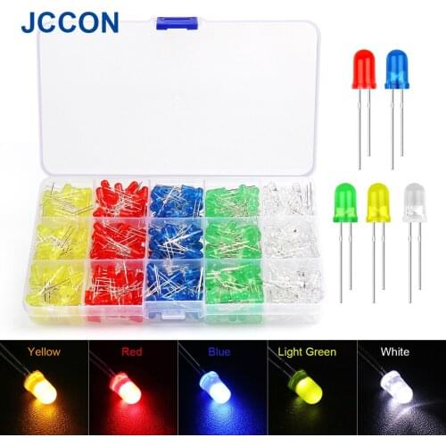 500Pcs 5mm LED Light Emitting Diode Kit F5 Blue Yellow Red Green White 100Pcs Each Color Bulb Lamp Set Assortment DIY Indicator
