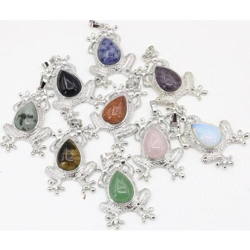 9 Color Natural Stone Pendant Jewelry Making Animal Design Frog Shape 29x45mm Charm Beads Inlay Copper Silver-Color Findng B3296