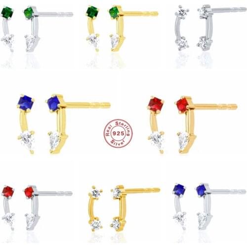 Aide 925 Sterling Silver Colorful Zircon Stud Earrings For Women Red Blue Green Crystal Arc Line Shape Ear Stud Party Jewelry