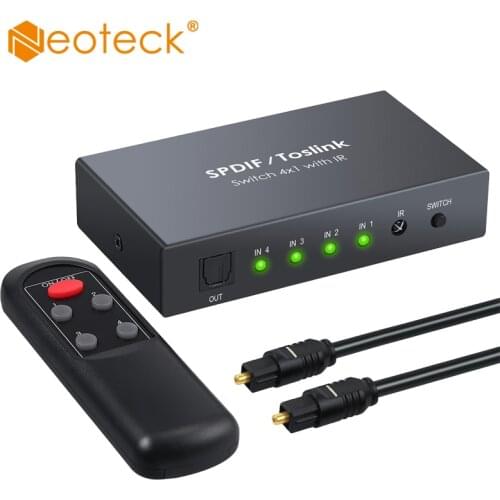 Neoteck Digital Audio Switcher 4x1 SPDIF Toslink Switch Box with IR Remote Control Supports PCM2.0 DTS AC3 with Optical