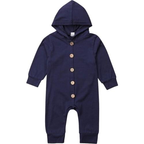 Autumn Infant Baby Boy Girl Cotton Hooded Button Romper Jumpsuit Clothes Outfit Solid Color