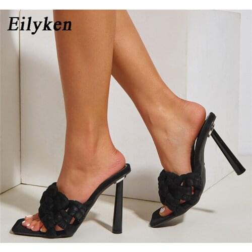 Eilyken 2021 Summer Fashion Vintage Runway Women Slippers Black Sandals Weave Square Toe Mules Shoes Sexy High Heels Party Pumps