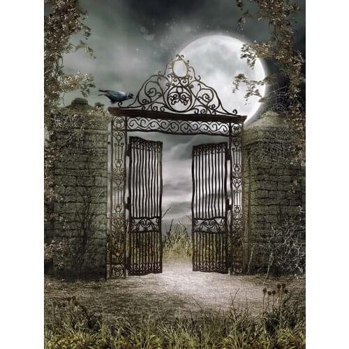 Halloween Computer Printed 3D Vinyl Cloth Backdrop Midnight Garden Gate Photophone Background for Photo Session Backdrop