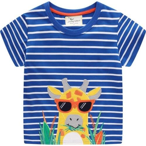 Jumping Meters New Stripe Summer Animals Embroidery Boys Tees Tops Fashion Boys Girls Baby Cotton T shirts Childrens Clothes