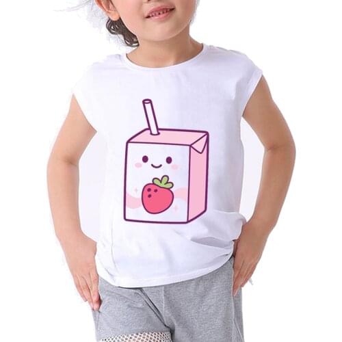 Boys Girls Cartoon Strawberry Juice T Shirts Kids Cute Tshirt Children Kawaii Tops Toddler Present