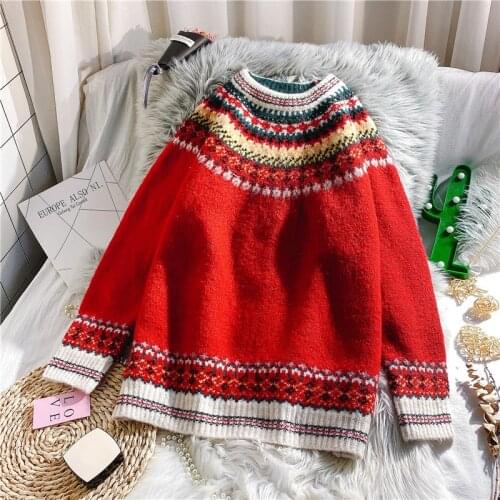 India folk women sweaters and pullovers o-neck long-sleeved loose thickenw arm lady elegant pulls outwear coat tops