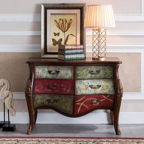 American Country Chest of Drawers Handmade Painted Porch Cabinet European Solid Wood Three Drawers Retro Living Room Storage
