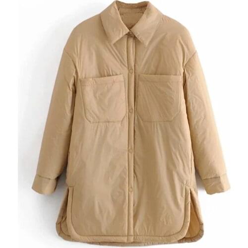 Za Womens Padded Jacket Oversize Parkas Thin Coats Khaki Shirt Coat Long BF Long Sleeves Big Pockets Outerwear