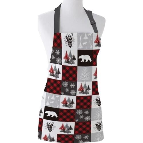 Fashion Apron Christmas Red Buffalo Check Elk Tree Lattice Bear Snow Kitchen Aprons for Women Home Cooking Baking Waist Pinafore