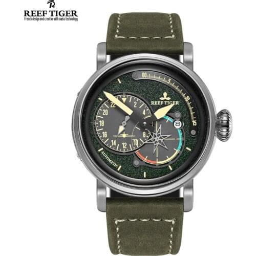 Reef Tiger/RT Black Steel Military Watches for Men Genuine Leather Strap Automatic Pilot Watch with Date RGA8238