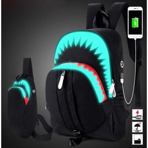 Men Fashion USB Charging Night Luminous Backpack Shark Laptop Backpack Chest Bag Teenagers School Bag Mochila Travel Bag Black