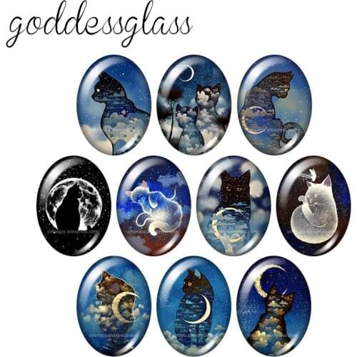 New Moon style Cat Night sky 10pcs mixed 13x18mm/18x25mm/30x40mm Oval photo glass cabochon demo flat back Making findings