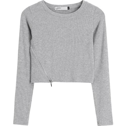 Autumn Women Shirt Top 2021 Solid Color Long Sleeve T shirt for Women Sexy Round Neck Zipper Knitted Jumpers top femme t-shirts