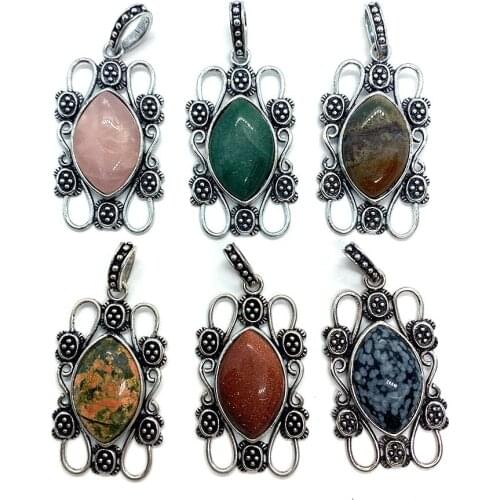 Natural Gem Stone Necklaces Crystal Retro Marquise Pendants Charms for Jewelry Making Wholesale Evil Eye Silver Alloy Charm