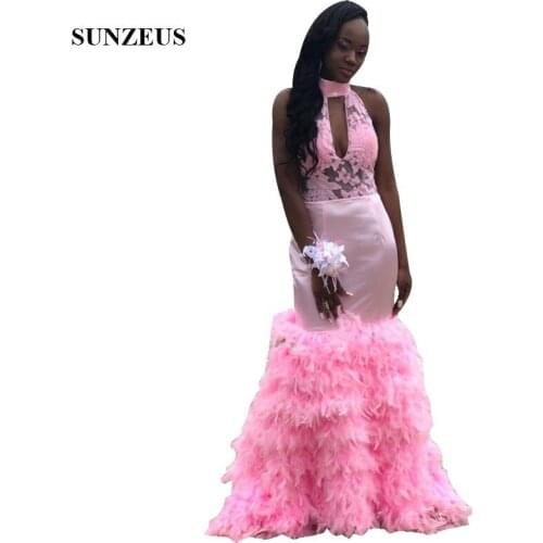Feathers Prom Dresses 2019 Mermaid High Neck Lace Party Gowns Black Girls Ballkleider Lang