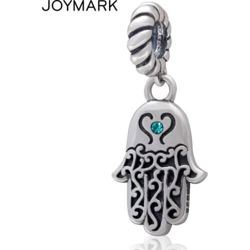 Hamsa Hand 925 Silver Pendant Blue Austrian Rhinestone Palm Dangle Charm Beads For European Charm Jewellery Making SDC954