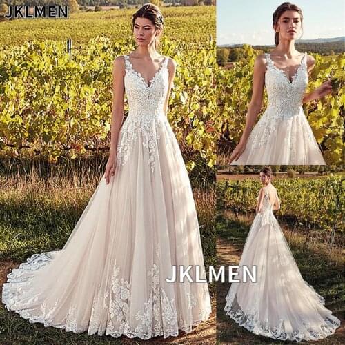Classic V-Neck Wedding Dresses Champagne A-line Appliques Floor Length Vestidos De Noiva 2021 Bridal Dresses
