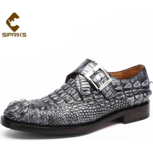 Sipriks Silver Gray Casual Shoes Mens Luxury Millionaire Crocodile Skin Monk Strap Handmade Goodyear Welted Wedding Gents Suits