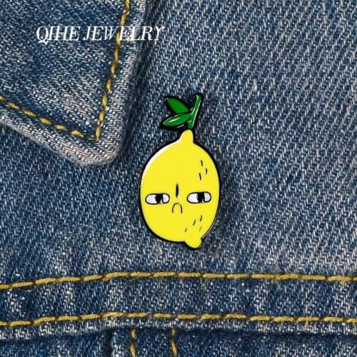 QIHE JEWELRY Angry Lemon Brooches Pins Fruit Story Hard Enamel Metal Pins Denim Clothes Badges Cartoon Pins Gifts for friends