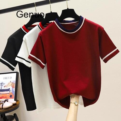 Fast Shipping Summer Women T Shirt Fashion Knitted Short Sleeve Tees Top O-Neck Female Casual T-shirt