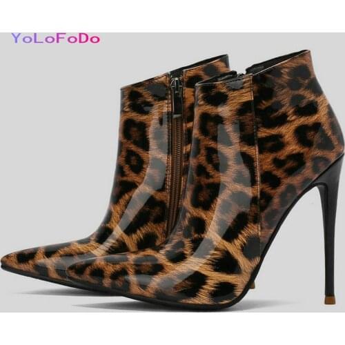 2021 Autumn Winter Women Ankle Boots Patent PU Leather Leopard Ladies Thin High Boots Fashion Pointed Toe Dress Womens Boots