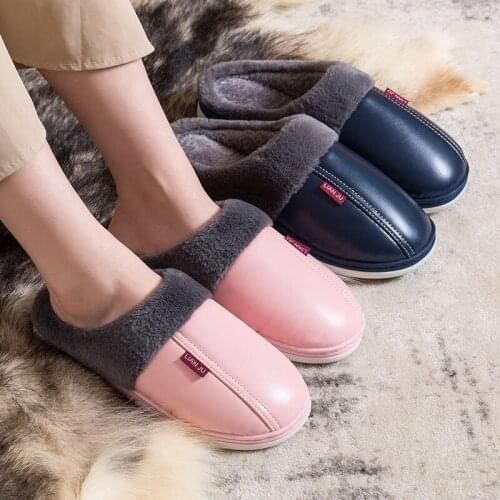 Women Home Slippers Winter Fur Slides Unisex Warm Slip on Shoes PU Waterproof Female Comfortable Woman shoes