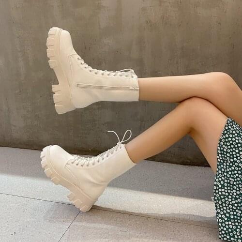 Women Motorcycle Boots Wedges Flat Shoes Woman High Heel Platform PU Leather Boots Lace Up Women Shoes Black Boots Girls