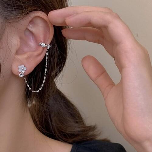 Origin Summer Statement Fairy Cubic Zircon Flower Clip Earring for Women Simulation Pearl Tassel Metallic Earring Jewelry