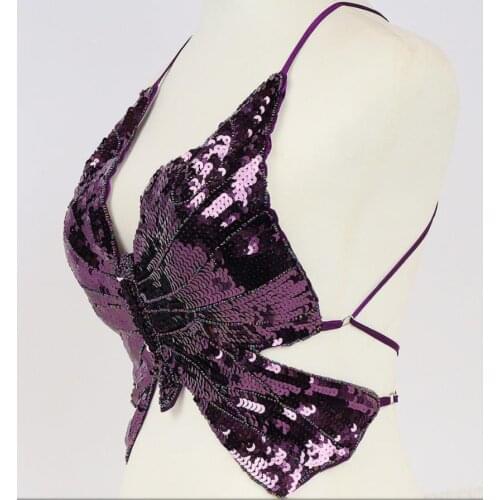 Womens Sexy Tube top top halter butterfly sequin embroidery performance costume stage Cropped Top Diamond Push Up Bra