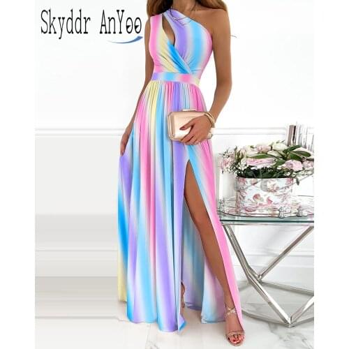 2021 Summer Maxi Dresses For Women Party Robe Longue One-Shoulder Sleeveless Gradient Printed Elegant Dress Split Sexy Dress