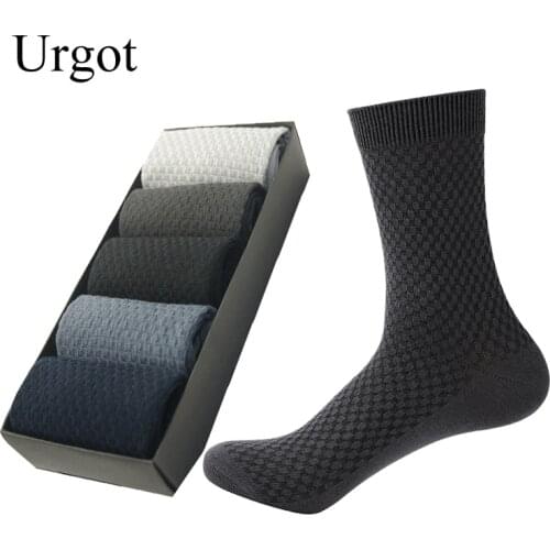Urgot 5 Pairs Men Bamboo Fiber High Quality Solid Color Business Comfortable Breathable Deodorant Casual Socks Checkered No Box