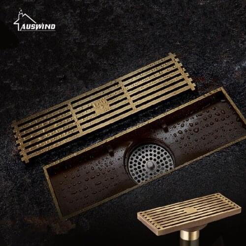 Antique Brass Square Floor Drain Bathroom Linear Shower Floor European Drain Wire Strainer Art Carved Cover Waste Drainer G50