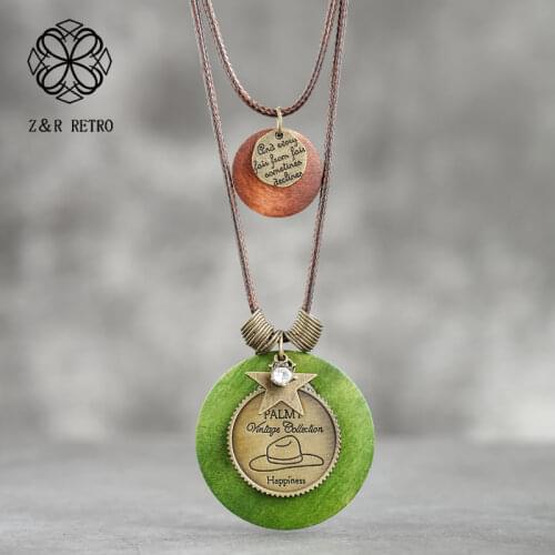 Vintage Chain Letter Necklace for Women Wooden Star Design Hot Pendants Alloy Neck Big Chain Coin Necklace Suspension Jewelry