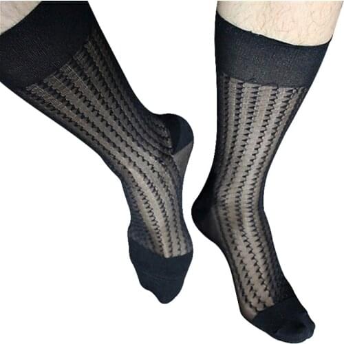 Black Men Zigzag Silk Socks, Sheer See Through, Sexy Formal Dress Suit Male Socks Fetish Collection