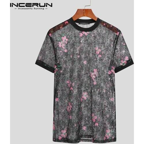 Men T Shirt Round Neck Short Sleeve Mesh See Through 2021 Printed Party Men Clothing Streetwear Sexy Fitness Camisetas INCERUN