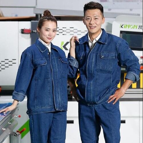 Cotton Denim Mens Coat Jeans Pants 2pcs Set Workwear Electric welding Autumn Winter Thick Jacket Trousers Anti-scalding Blue