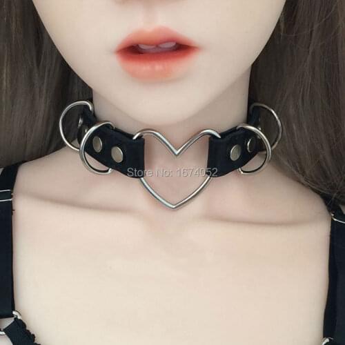 Punk Gothic 100% Handcrafted Large Big Heart Leather Choker D Metal Link Fetish BDSM Collar Necklace