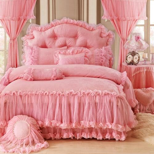 Red Pink Purple Princess Korean style Lace Bedding set Luxury Queen King Bed sheet Duvet Cover bed set Bedskirt parure de lit
