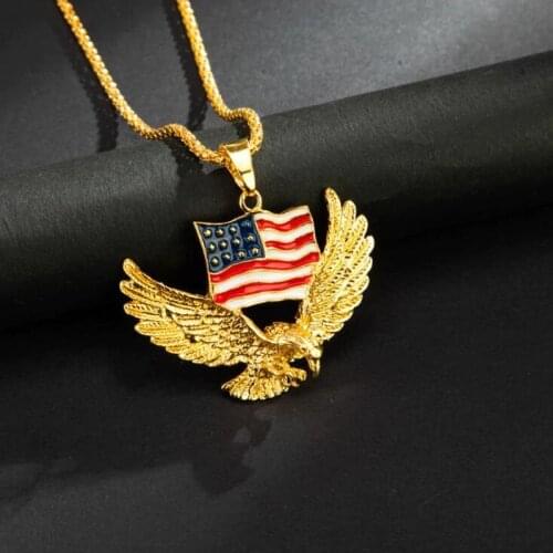 Cool Fashion High Quality Metal American Flag Gold Plated Flying Eagle Pendant Necklace Mens Rock Punk Jewelry