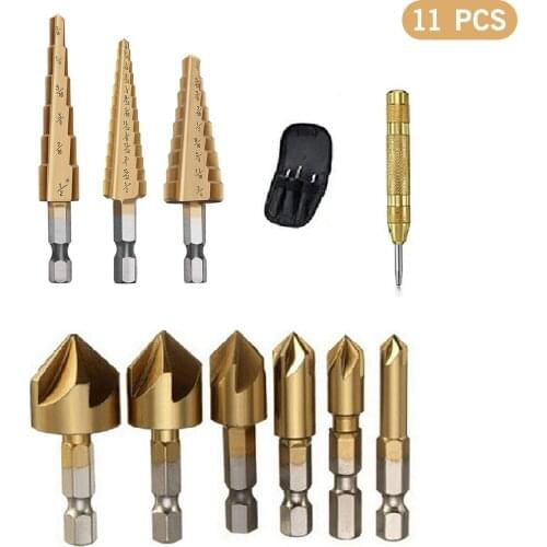 11 Pcs Step Drill Bit Set High-Speed Steel Step Drill Bit Set with Automatic Spring Loaded Center Punch Countersink Drill Bit