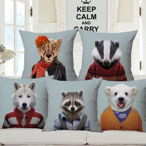 Hand Painting Animals Portraits Cushion Covers Sea Otter Wolf Cattle Cheetah Goat Geese Bear Raccoon Bull Linen Pillow Case