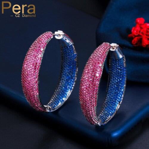Pera Designer Micro Red Blue Cubic Zirconia Pave Large Circle Round Shape Hoop Earrings for Ladies Fashion Brand Jewelry E651